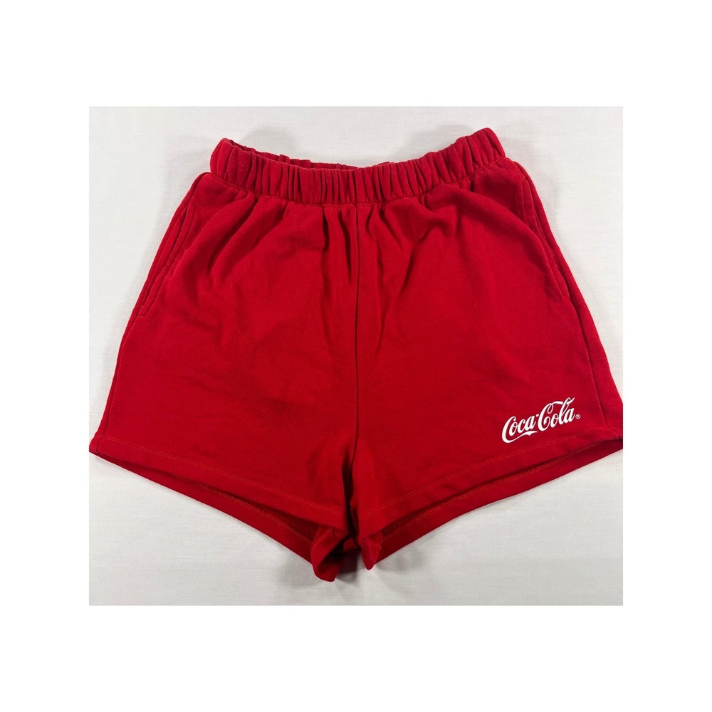Coca-Cola Mens Lounge Shorts Red Fleece Elastic Waist Logo Pockets Medium